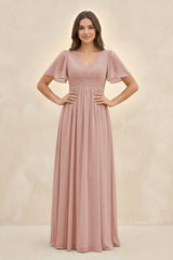 English Rose Short Sleeve Chiffon V-Neck A-Line Bridesmaid Dress | KISSBRIDAL