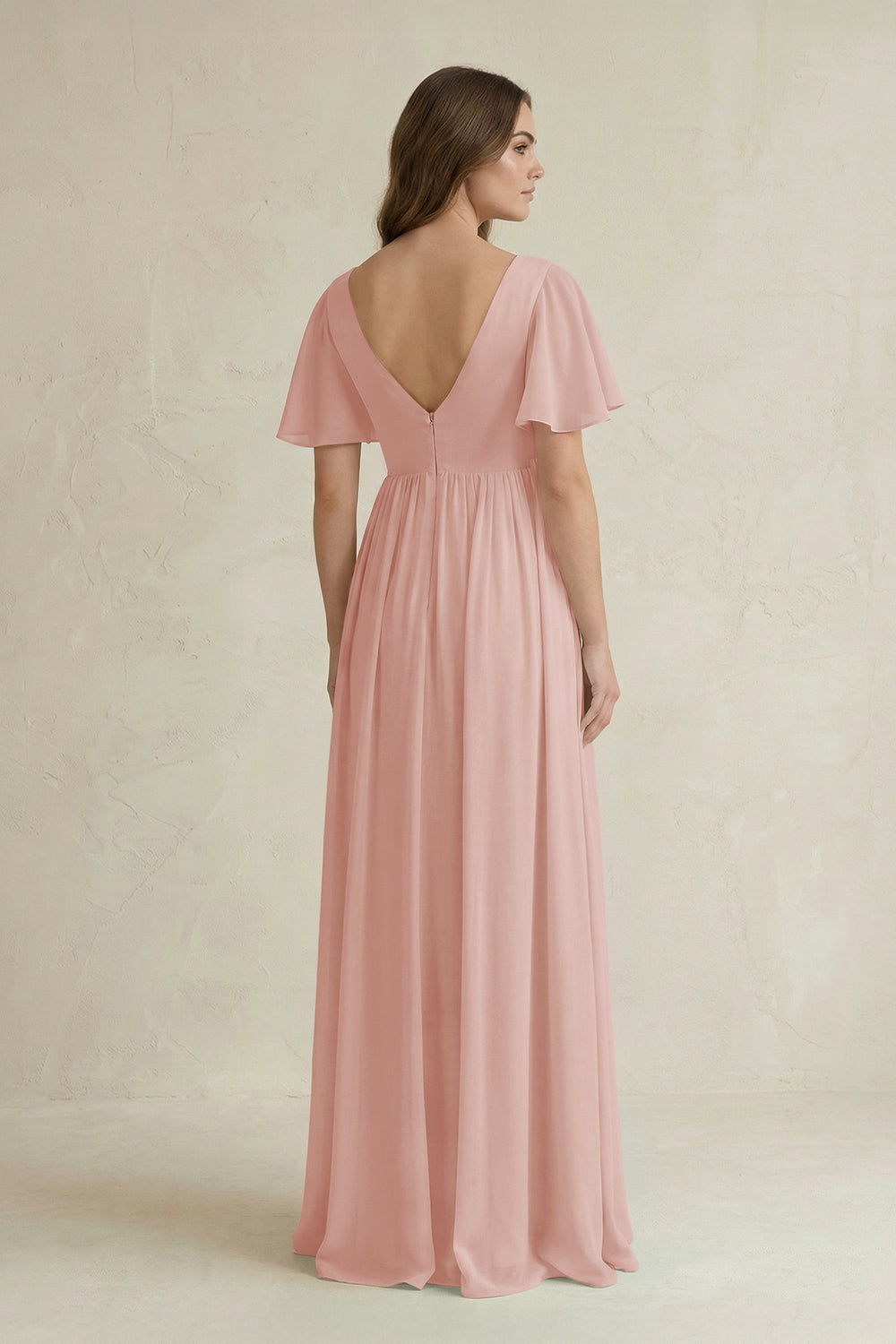 Short Sleeve V-Neck A-Line Chiffon Bridesmaid Dress in English Rose