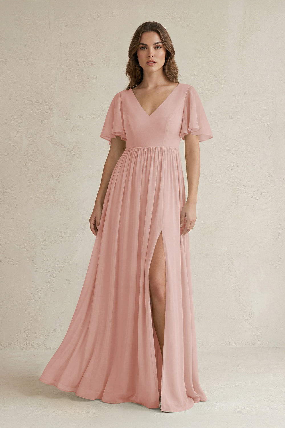 Short Sleeve V-Neck A-Line Chiffon Bridesmaid Dress in English Rose