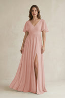 English Rose Short Sleeve V-Neck A-Line Chiffon Bridesmaid Dress | KISSBRIDAL