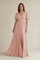 English Rose Short Sleeve V-Neck A-Line Chiffon Bridesmaid Dress | KISSBRIDAL