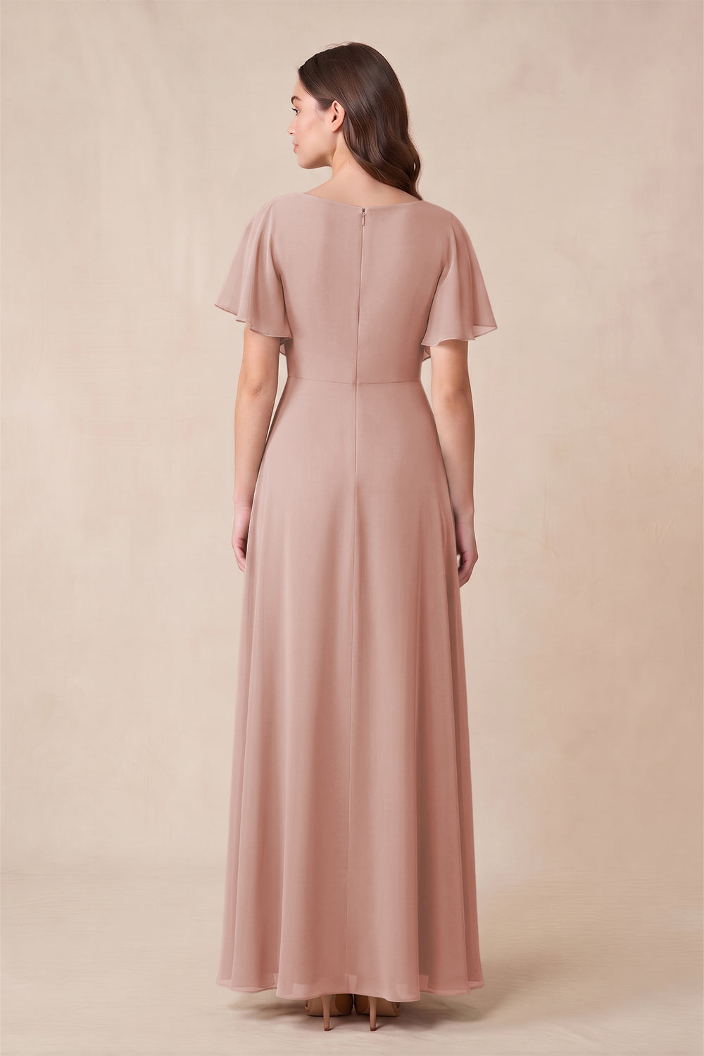 Short Sleeves Bateau A-Line Chiffon Bridesmaid Dress in English Rose