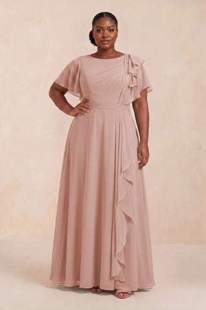English Rose Short Sleeves Bateau A-Line Chiffon Bridesmaid Dress (3) [sizeplus] | KISSBRIDAL