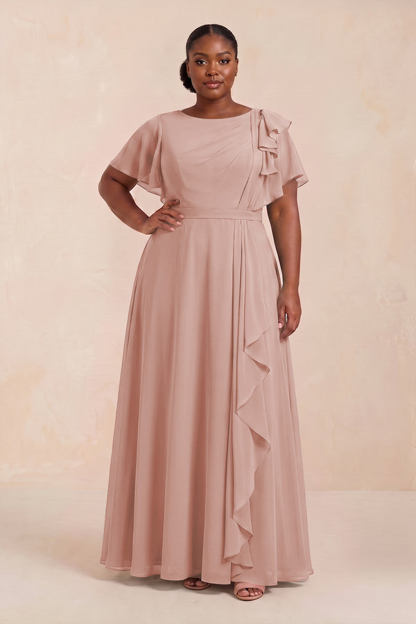 English Rose Short Sleeves Bateau A-Line Chiffon Bridesmaid Dress (3) [sizeplus] | KISSBRIDAL