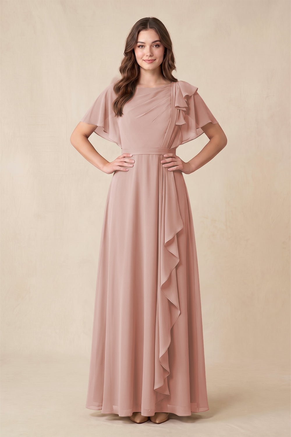 Short Sleeves Bateau A-Line Chiffon Bridesmaid Dress in English Rose