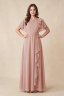 English Rose Short Sleeves Bateau A-Line Chiffon Bridesmaid Dress | KISSBRIDAL