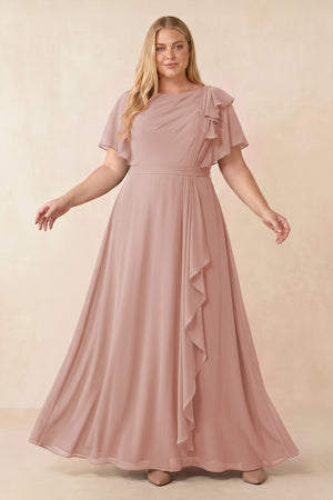 English Rose Short Sleeves Bateau A-Line Chiffon Bridesmaid Dress [sizeplus] | KISSBRIDAL