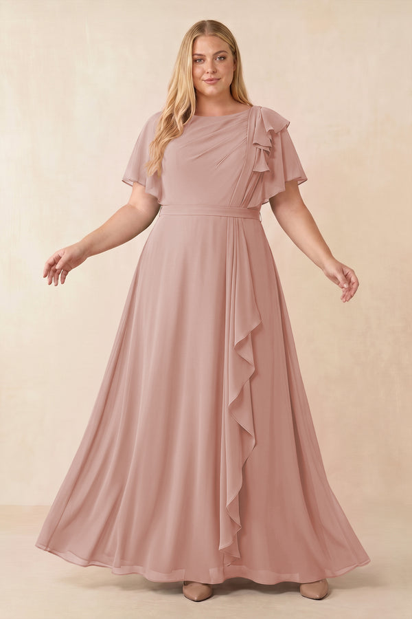 English Rose Short Sleeves Bateau A-Line Chiffon Bridesmaid Dress [sizeplus] | KISSBRIDAL