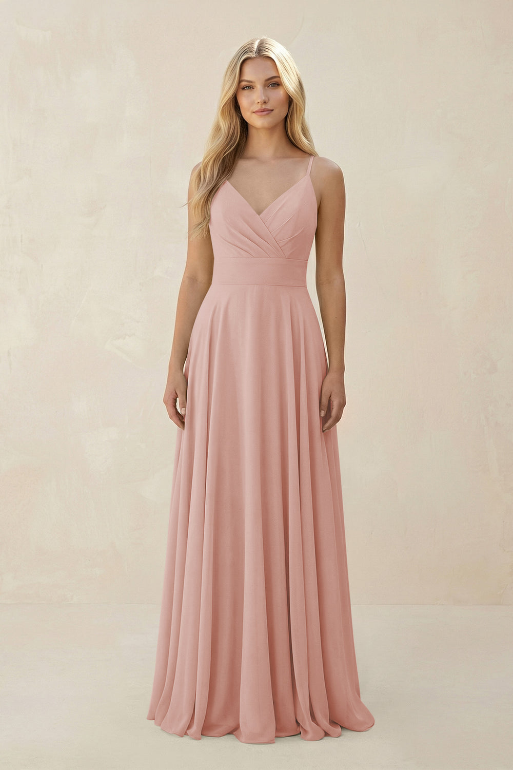 Spaghetti Strap A-Line Chiffon Bridesmaid Dress in English Rose