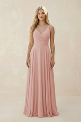 English Rose Spaghetti Strap A-Line Chiffon Bridesmaid Dress | KISSBRIDAL