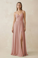 English Rose Spaghetti Strap Pleated A-Line Chiffon Bridesmaid Dress | KISSBRIDAL