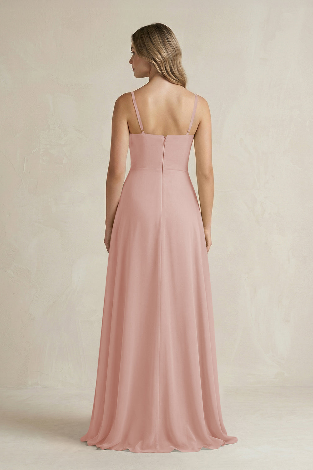 Spaghetti Strap Ruffled A-Line Chiffon Bridesmaid Dress in English Rose
