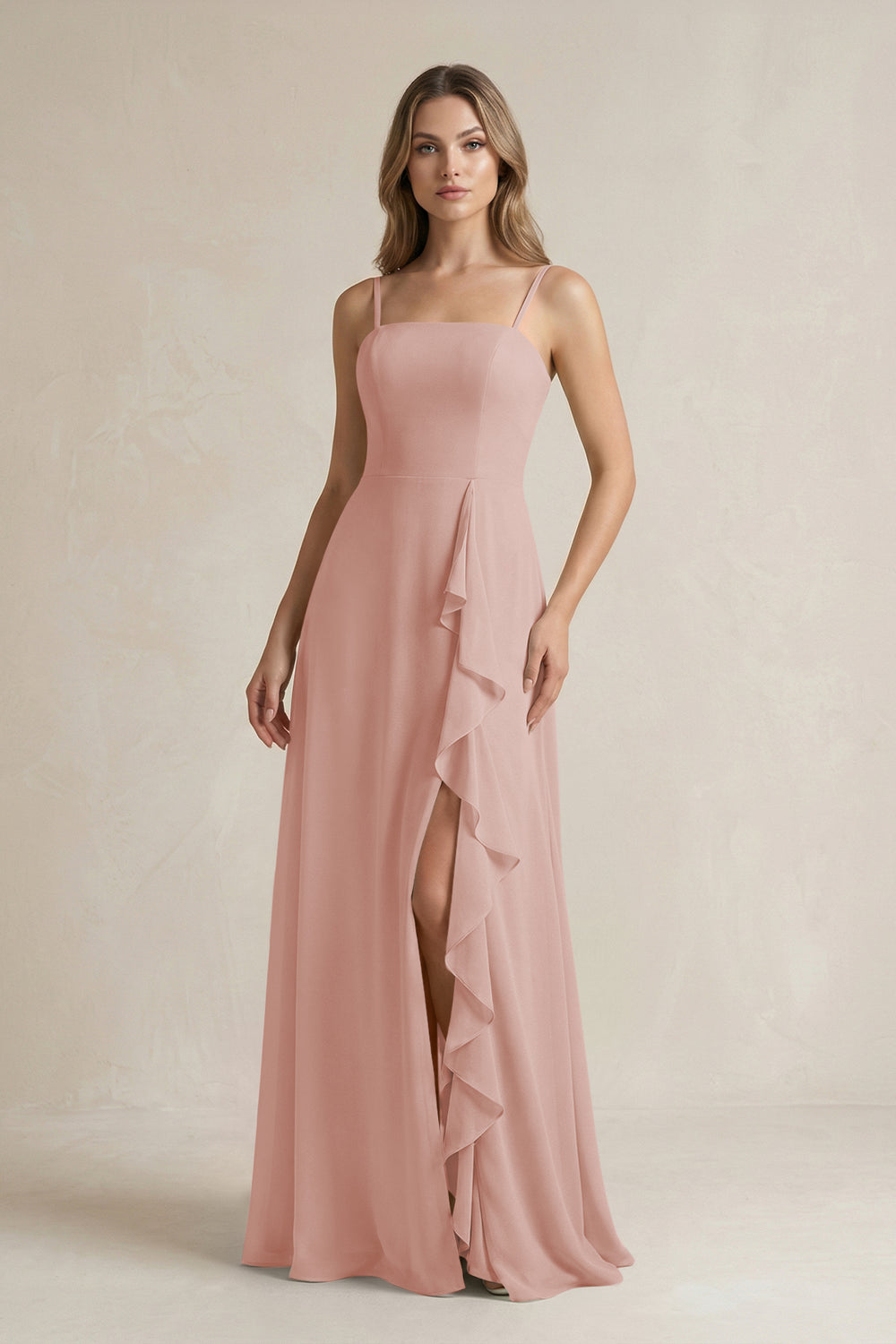 Spaghetti Strap Ruffled A-Line Chiffon Bridesmaid Dress in English Rose