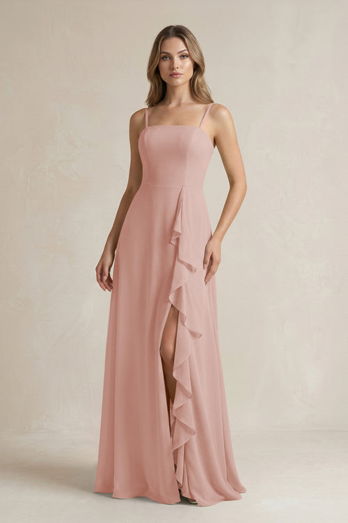 English Rose Spaghetti Strap Ruffled A-Line Chiffon Bridesmaid Dress | KISSBRIDAL