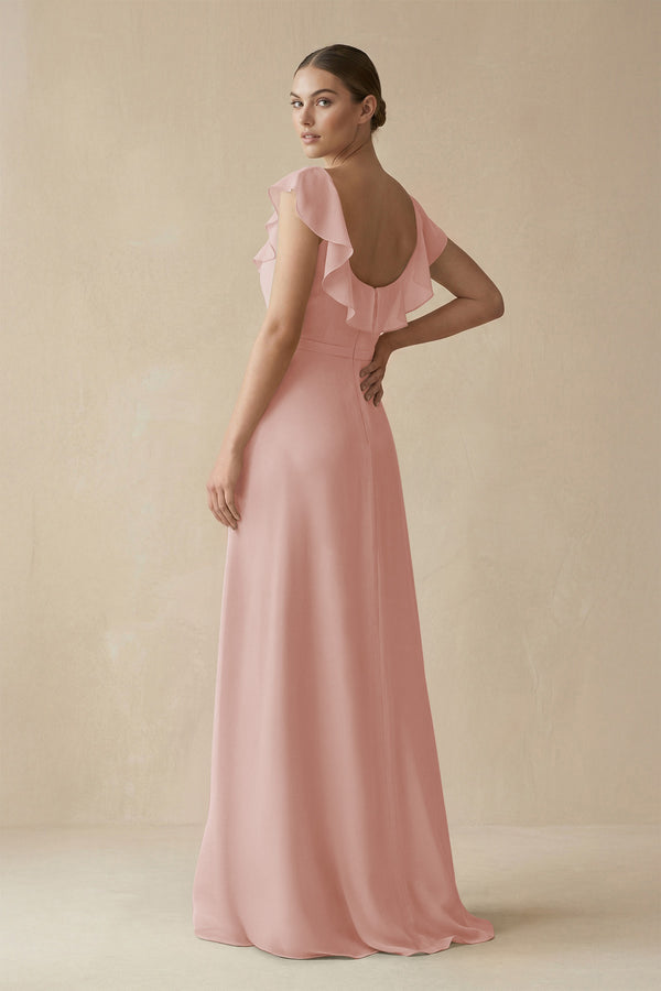 English Rose Square Neck A-Line Bridesmaid Dress with Ruffles (2) | KISSBRIDAL