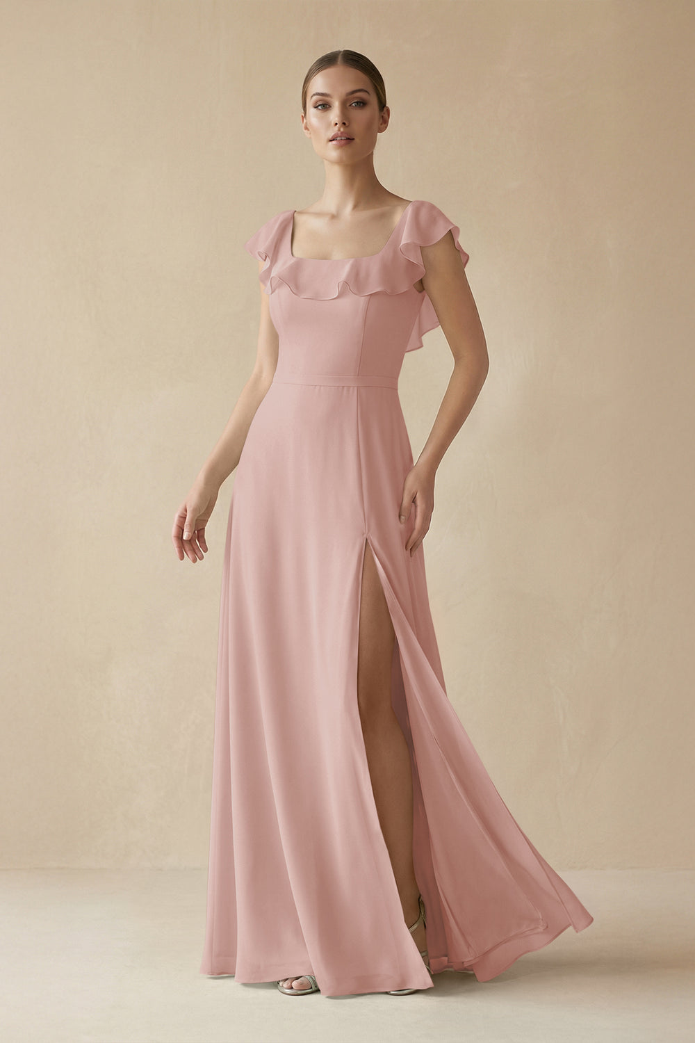 Square Neck A-Line Bridesmaid Dress with Ruffles in English Rose