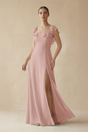 English Rose Square Neck A-Line Bridesmaid Dress with Ruffles | KISSBRIDAL