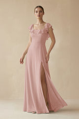 English Rose Square Neck A-Line Bridesmaid Dress with Ruffles | KISSBRIDAL