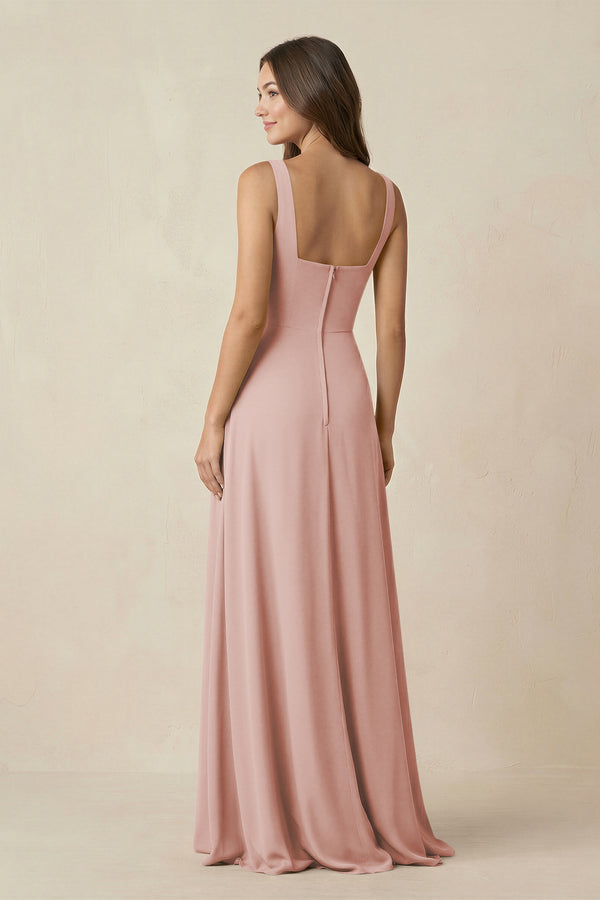 English Rose Square Neck A-Line Bridesmaid Dress With Slit (2) | KISSBRIDAL