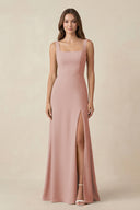 English Rose Square Neck A-Line Bridesmaid Dress With Slit | KISSBRIDAL