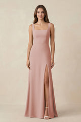 English Rose Square Neck A-Line Bridesmaid Dress With Slit | KISSBRIDAL