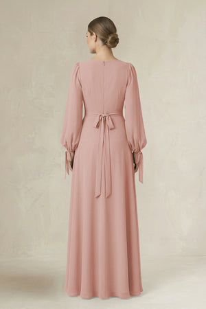 English Rose Square Neck Long Sleeve A-Line Chiffon Bridesmaid Dress in English Rose (2) | KISSBRIDAL