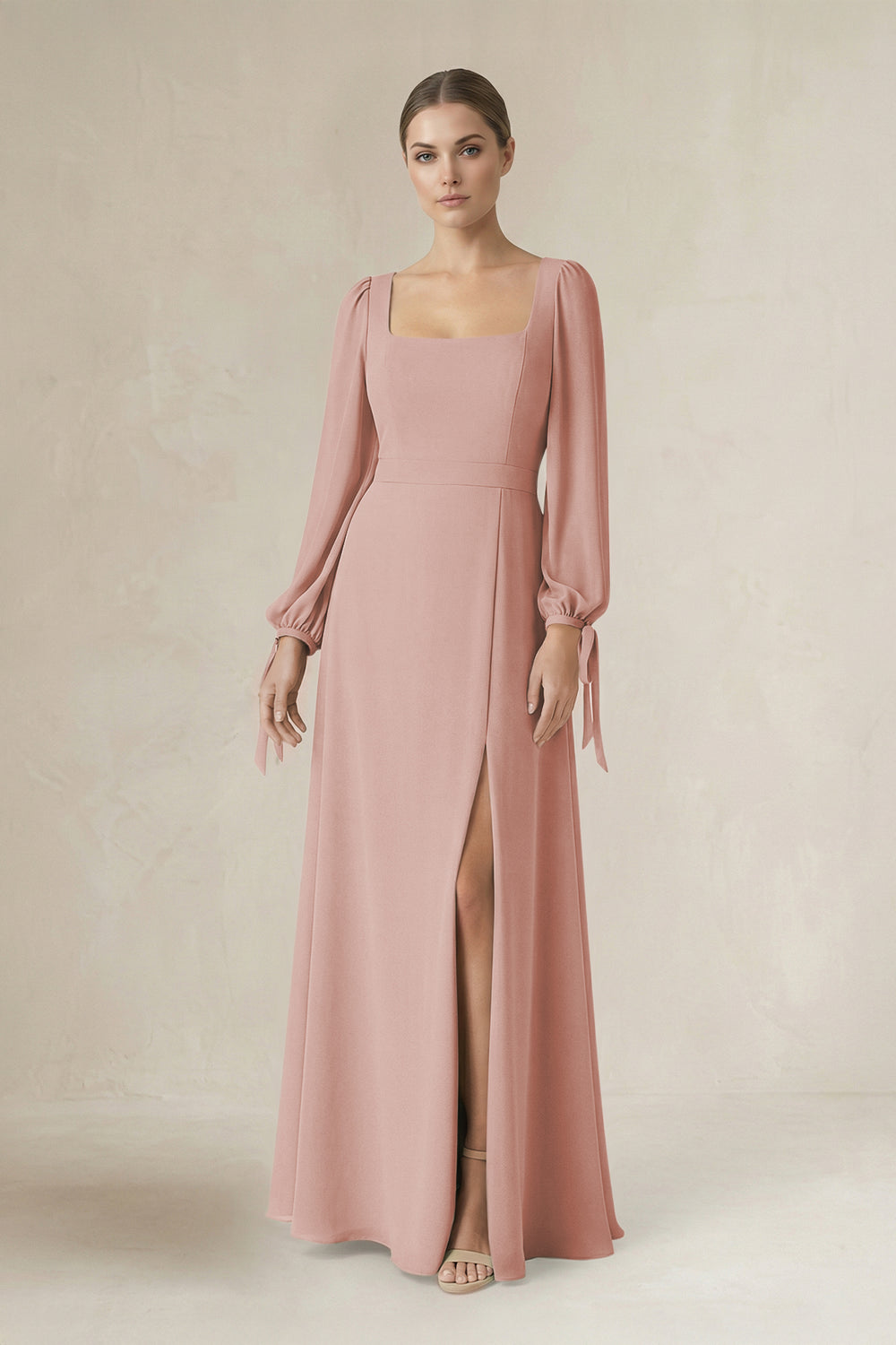 Square Neck Long Sleeve A-Line Chiffon Bridesmaid Dress in English Rose