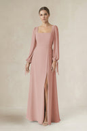 English Rose Square Neck Long Sleeve A-Line Chiffon Bridesmaid Dress in English Rose | KISSBRIDAL