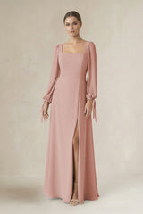 English Rose Square Neck Long Sleeve A-Line Chiffon Bridesmaid Dress in English Rose | KISSBRIDAL
