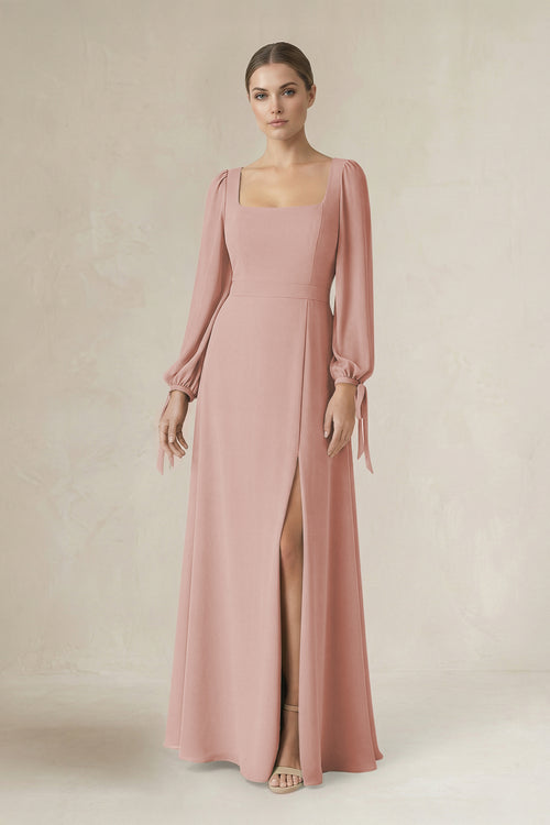 English Rose Square Neck Long Sleeve A-Line Chiffon Bridesmaid Dress in English Rose | KISSBRIDAL