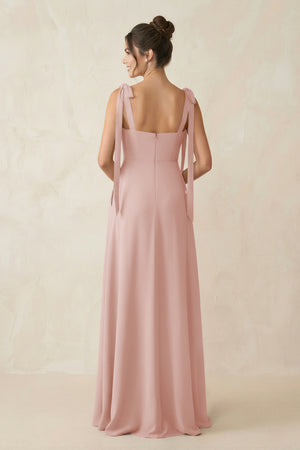 English Rose Square Neck Sheath Chiffon Bridesmaid Dress with Bow (2) | KISSBRIDAL