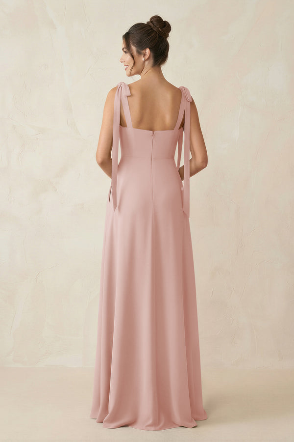 English Rose Square Neck Sheath Chiffon Bridesmaid Dress with Bow (2) | KISSBRIDAL