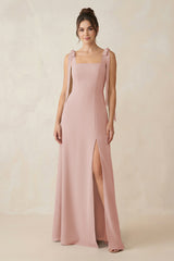 English Rose Square Neck Sheath Chiffon Bridesmaid Dress with Bow | KISSBRIDAL