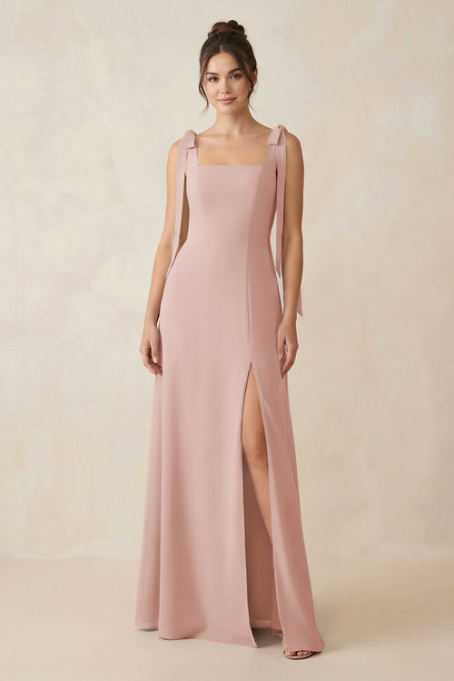English Rose Square Neck Sheath Chiffon Bridesmaid Dress with Bow | KISSBRIDAL