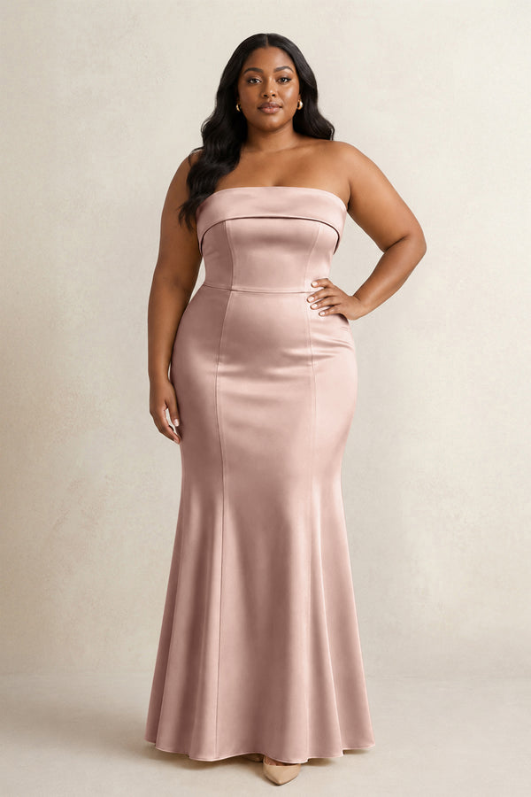 English Rose Strapless Satin Mermaid Bridesmaid Dress (2) [sizeplus] | KISSBRIDAL