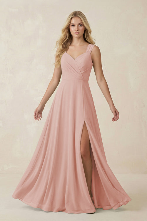English Rose Sweetheart A-Line Chiffon Long Bridesmaid Dress | KISSBRIDAL