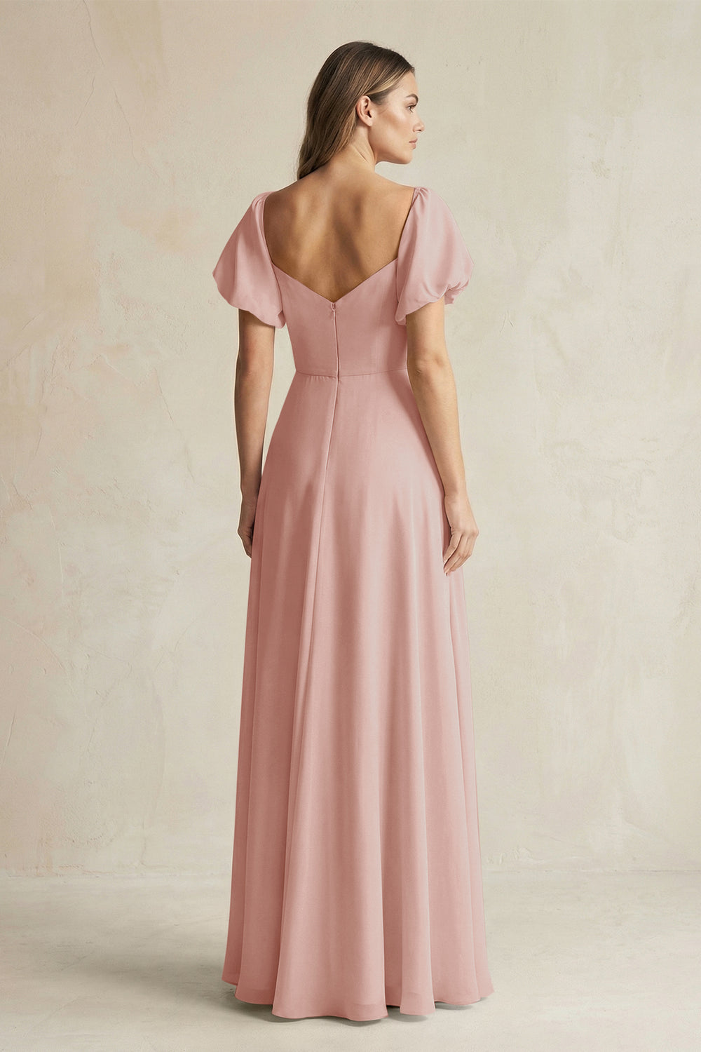 Sweetheart Puff Sleeve A-Line Chiffon Bridesmaid Dress in English Rose