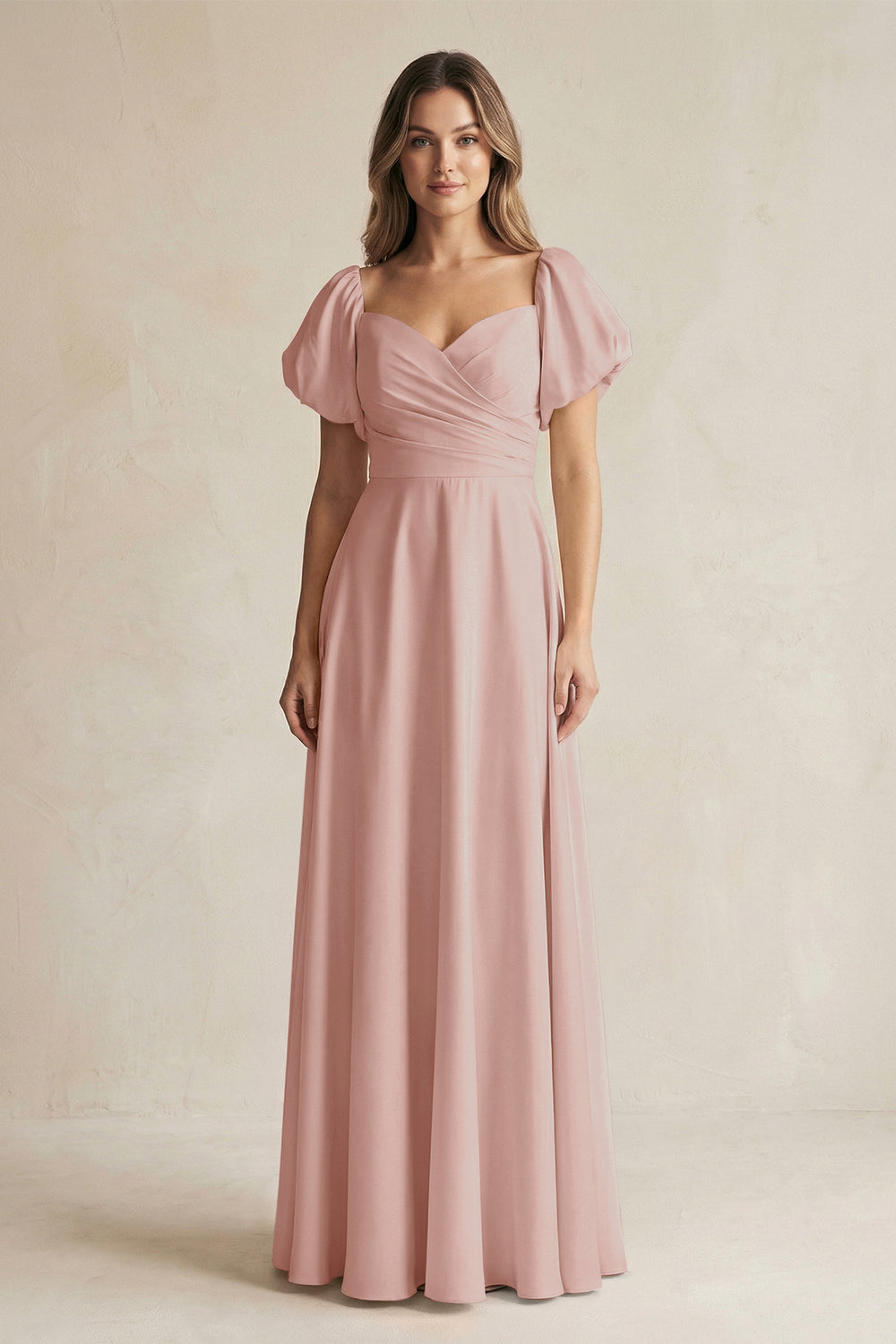 Sweetheart Puff Sleeve A-Line Chiffon Bridesmaid Dress in English Rose