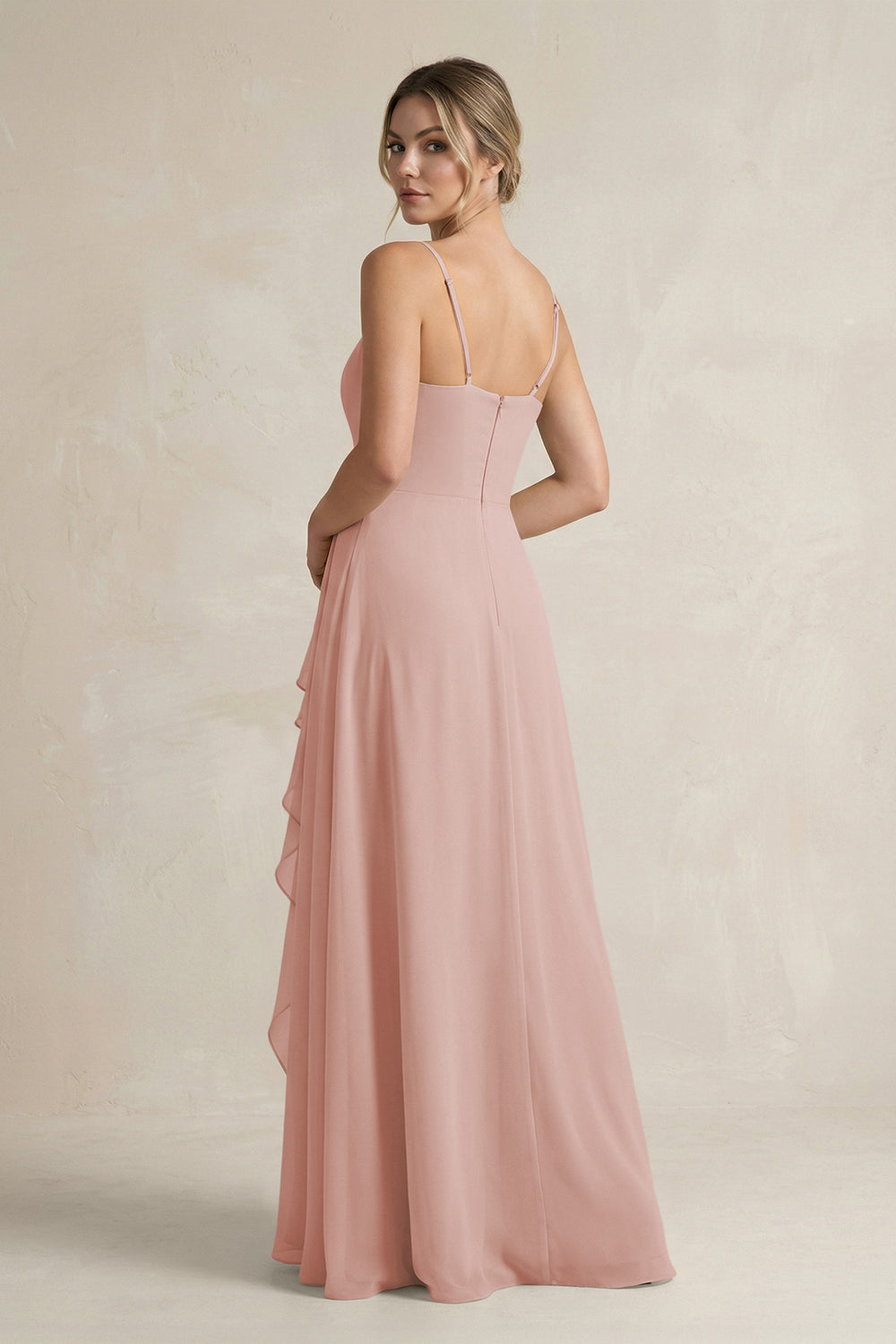 Sweetheart Ruffled A-Line Chiffon Bridesmaid Dress with Slit in English Rose