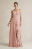 English Rose Sweetheart Ruffled A-Line Chiffon Bridesmaid Dress with Slit | KISSBRIDAL