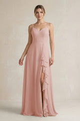 English Rose Sweetheart Ruffled A-Line Chiffon Bridesmaid Dress with Slit | KISSBRIDAL