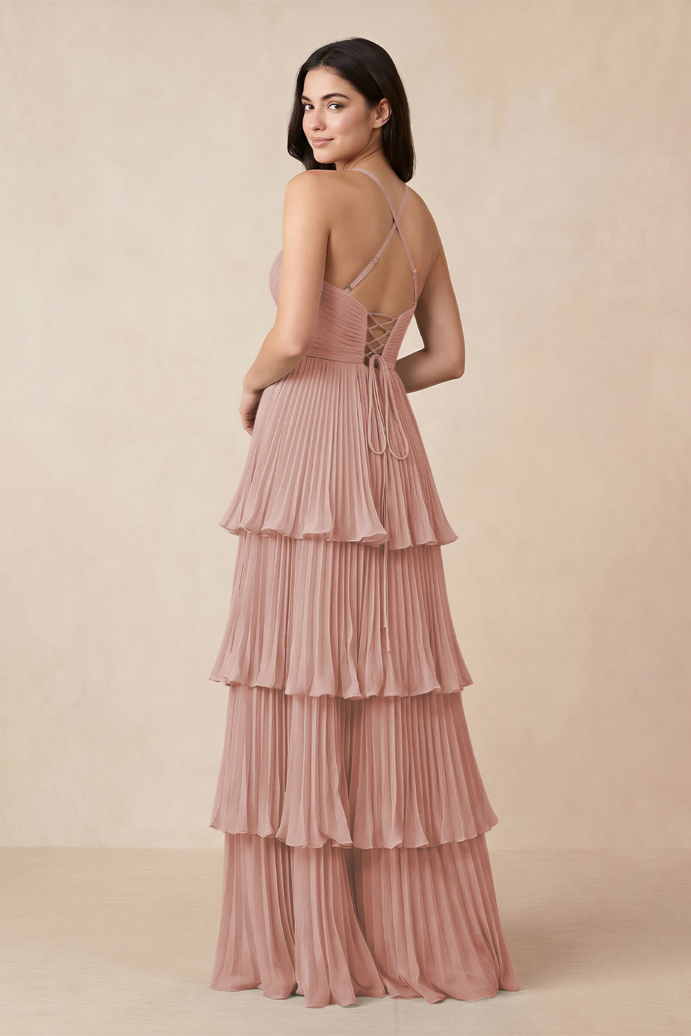 Tiered Pleated V-Neck A-Line Chiffon Bridesmaid Dress in English Rose