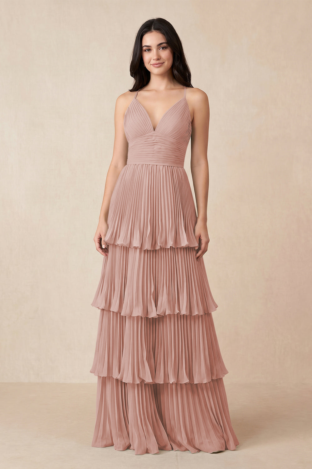Tiered Pleated V-Neck A-Line Chiffon Bridesmaid Dress in English Rose