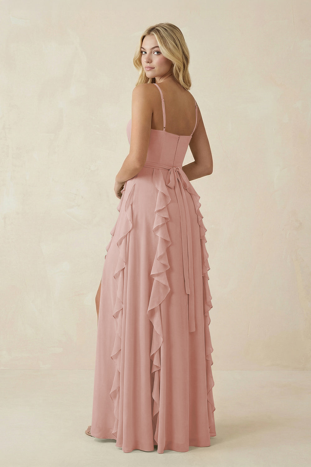 Tiered Ruffle A-Line Chiffon Bridesmaid Dress in English Rose