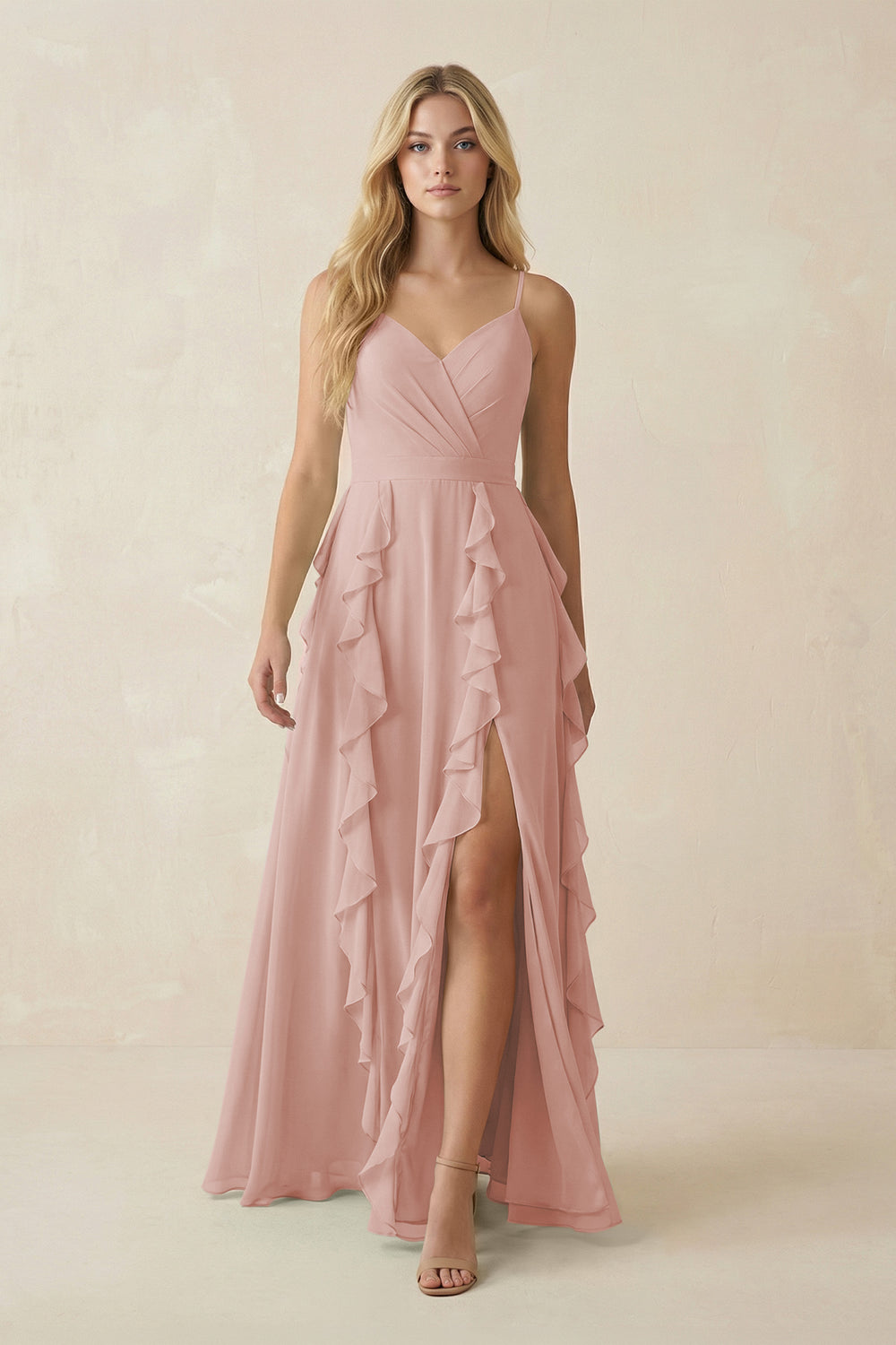 Tiered Ruffle A-Line Chiffon Bridesmaid Dress in English Rose