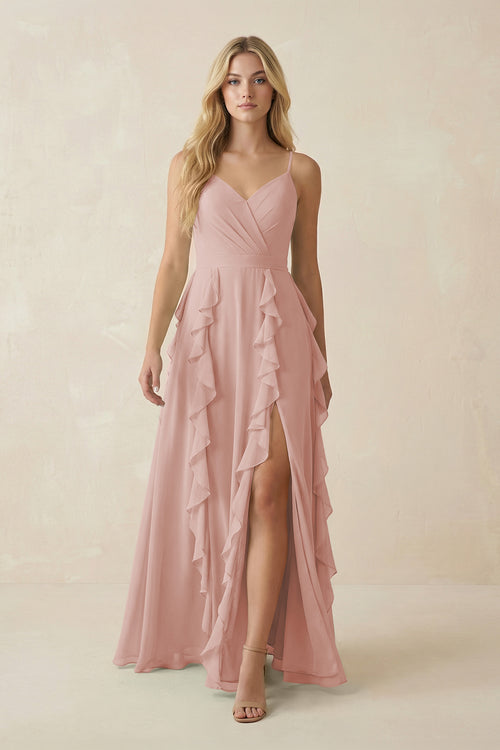English Rose Tiered Ruffle A-Line Chiffon Bridesmaid Dress | KISSBRIDAL