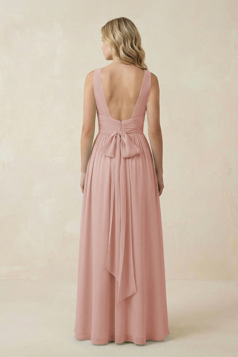 V-Neck A-Line Bridesmaid Dress with Back Bow in English Rose