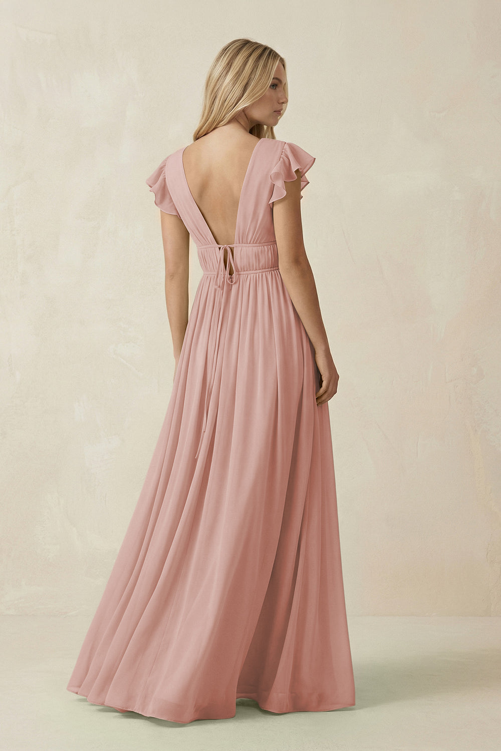 V-Neck A-Line Chiffon Cap Sleeves Bridesmaid Dress in English Rose