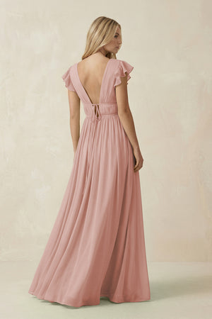 English Rose V-Neck A-Line Chiffon Cap Sleeves Bridesmaid Dress (2) | KISSBRIDAL