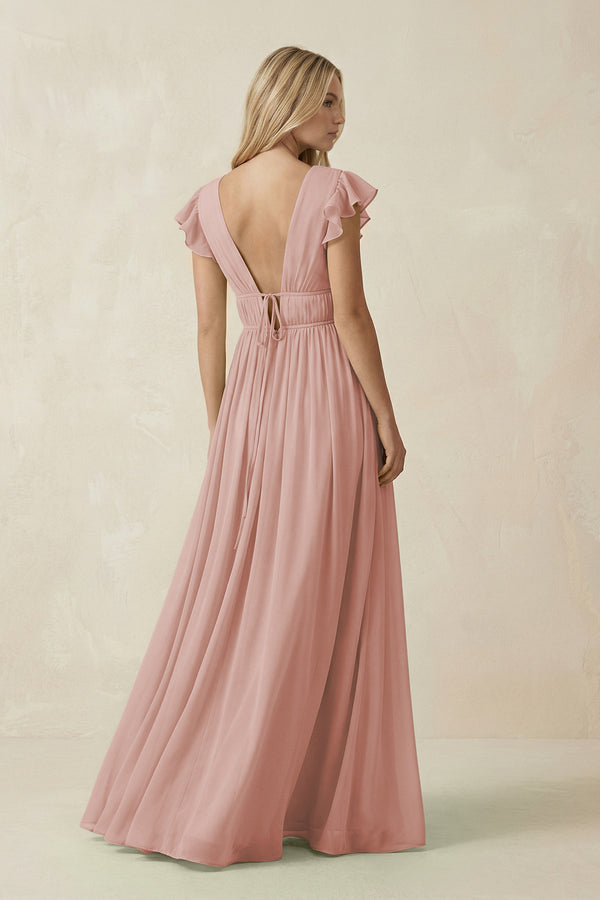 English Rose V-Neck A-Line Chiffon Cap Sleeves Bridesmaid Dress (2) | KISSBRIDAL